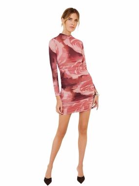 NWT Anthropologie The Maya Ruched Cowl Neck Mesh Dress Pink Floral Small